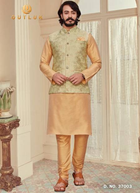 Pista Colour Traditional Jacquard Silk Party Wear Kurta Pajama With Jacket Mens Collection 37003